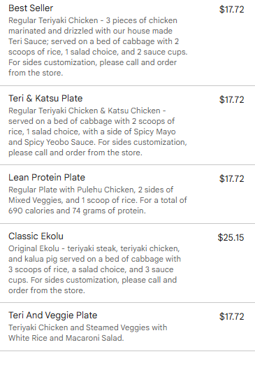 Mo' Bettahs Hawaiian Style Food Restaurant Menu